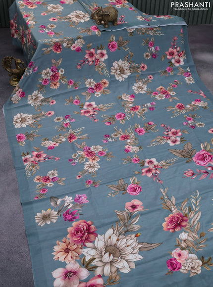 Pure crepe silk saree bluish grey with allover floral digital prints and simple border