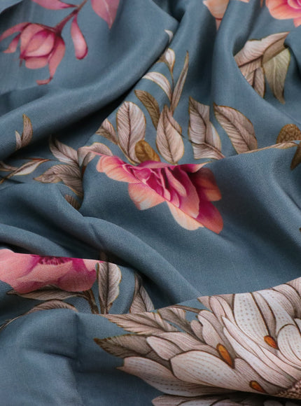 Pure crepe silk saree bluish grey with allover floral digital prints and simple border