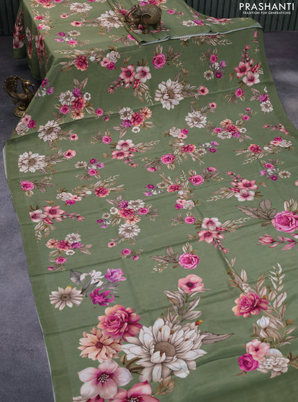 Pure crepe silk saree sap green with allover floral digital prints and simple border