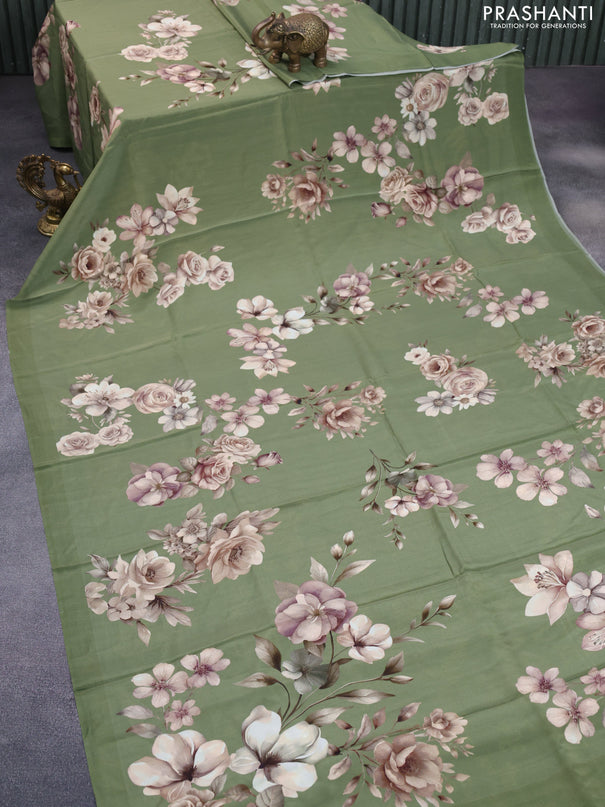 Pure crepe silk saree sap green with allover floral digital prints and simple border