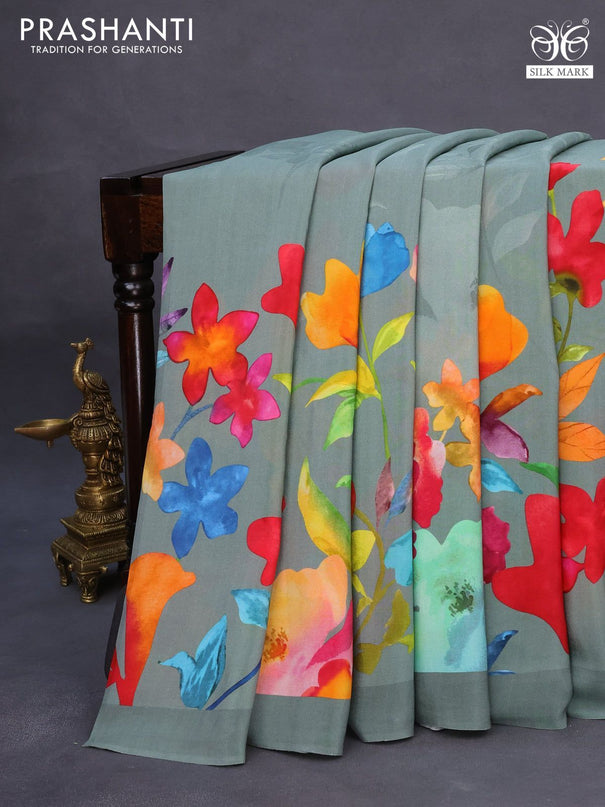 Pure crepe silk saree greyish green with allover floral digital prints in borderless style