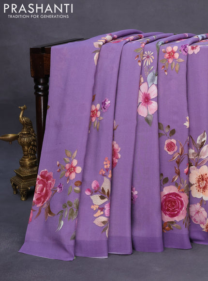 Pure crepe silk saree violet shade with allover floral digital prints in borderless style