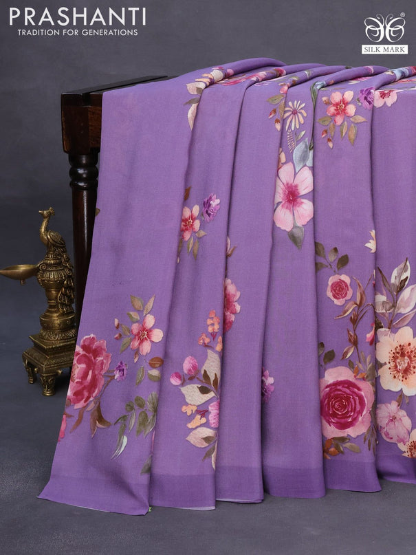 Pure crepe silk saree violet shade with allover floral digital prints in borderless style