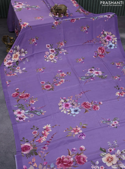 Pure crepe silk saree violet shade with allover floral digital prints in borderless style