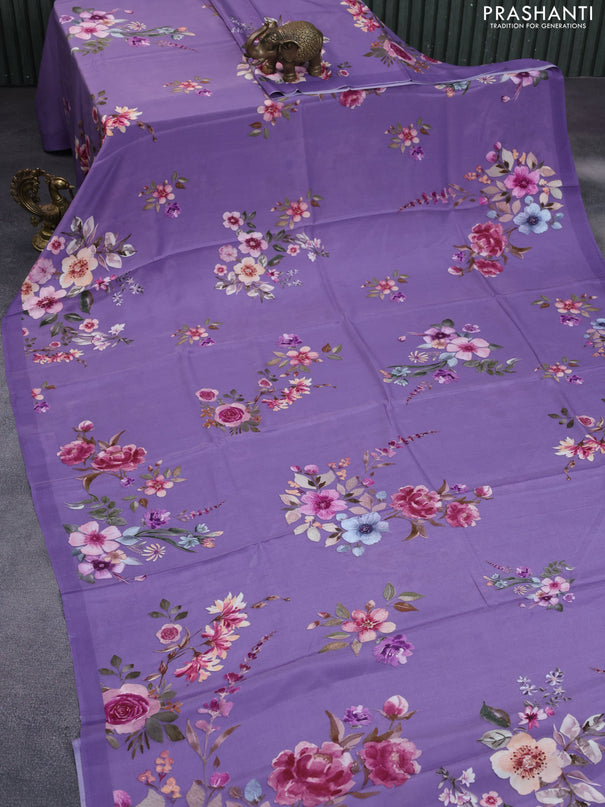 Pure crepe silk saree violet shade with allover floral digital prints in borderless style