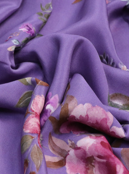 Pure crepe silk saree violet shade with allover floral digital prints in borderless style