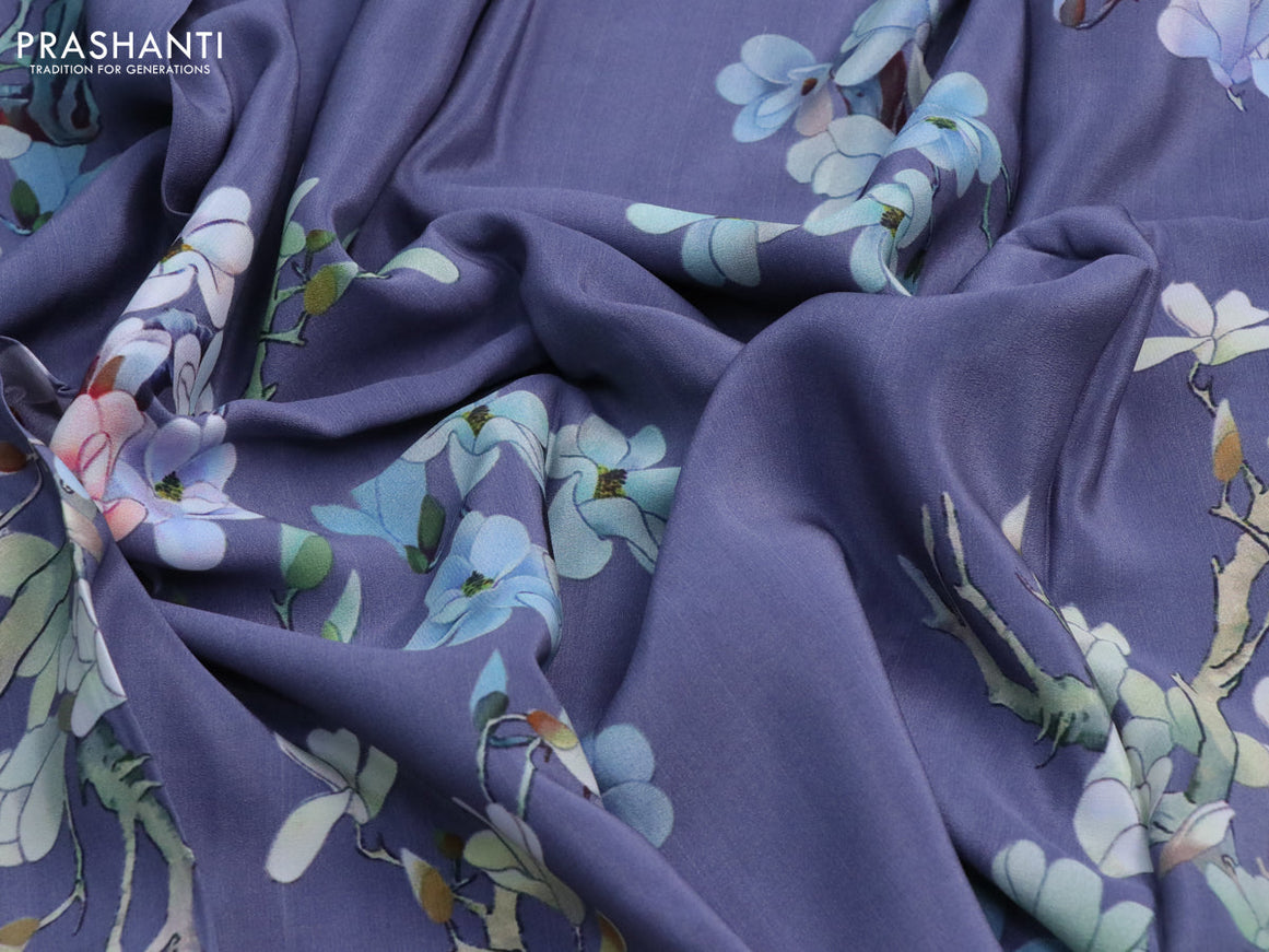 Pure crepe silk saree bluish grey with allover floral digital prints in borderless style