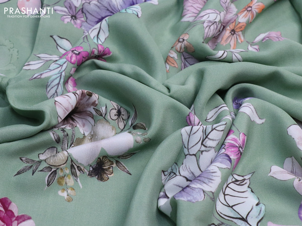 Pure crepe silk saree pastel green with allover floral digital prints and simple border