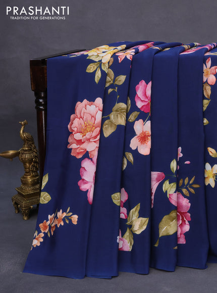 Pure crepe silk saree dark blue with allover floral digital prints and simple border