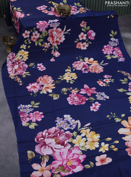 Pure crepe silk saree dark blue with allover floral digital prints and simple border