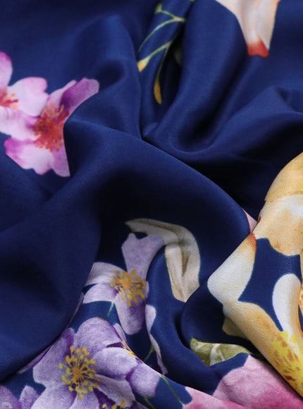 Pure crepe silk saree dark blue with allover floral digital prints and simple border