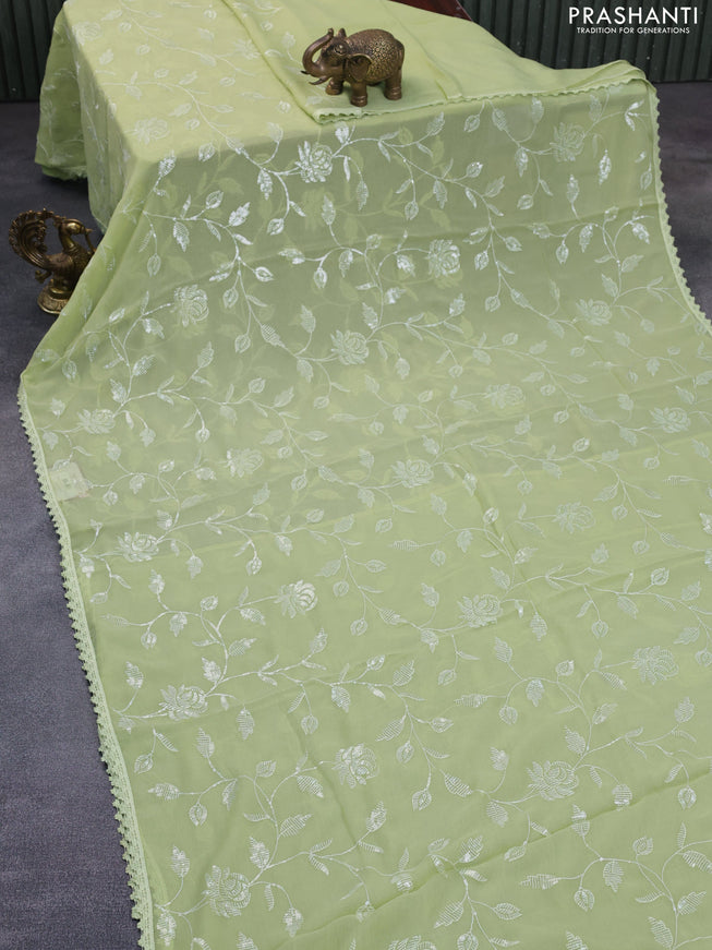 Chiffon saree pista green with allover chikankari & sequin work and lace work border