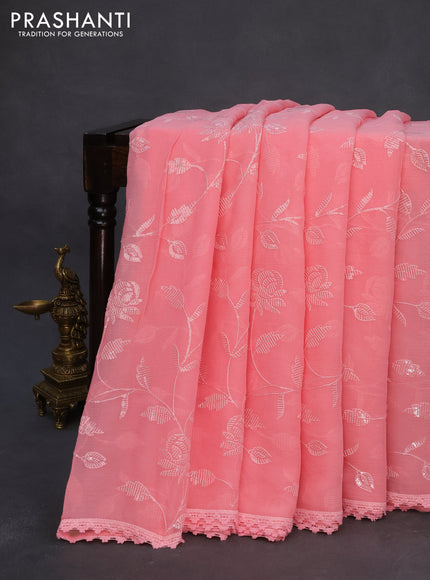 Chiffon saree peach pink with allover chikankari & sequin work and lace work border