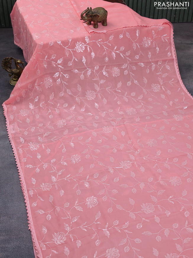 Chiffon saree peach pink with allover chikankari & sequin work and lace work border