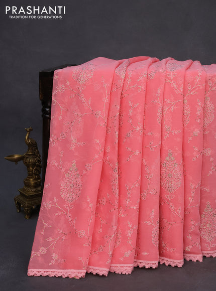 Chiffon saree pink shade with allover chikankari & sequin work and lace work border