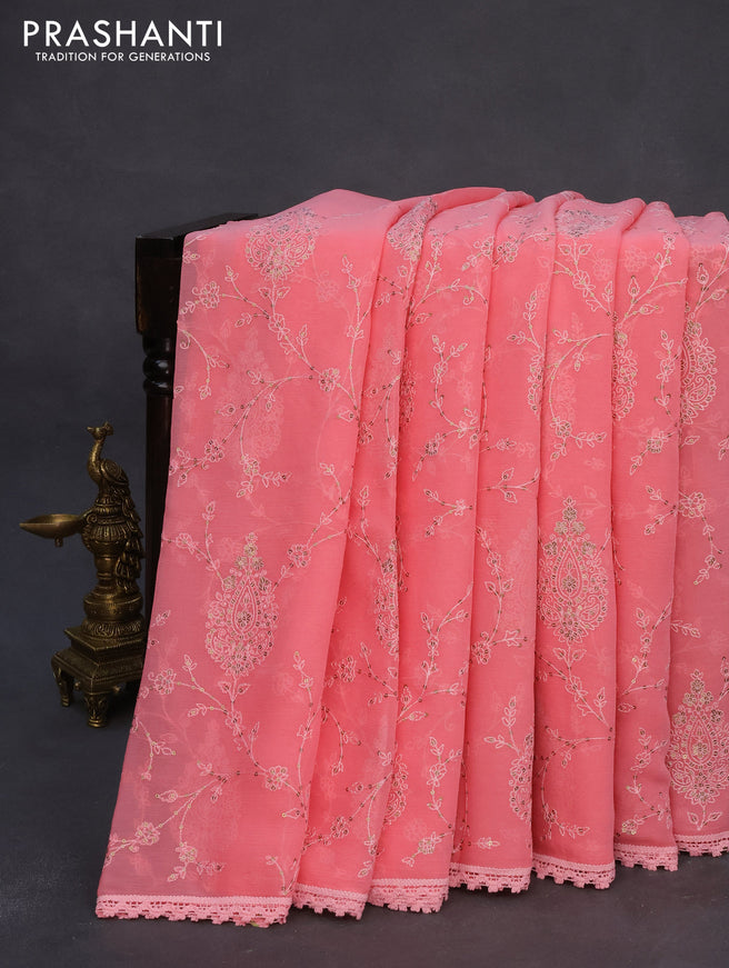 Chiffon saree pink shade with allover chikankari & sequin work and lace work border