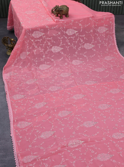 Chiffon saree pink shade with allover chikankari & sequin work and lace work border