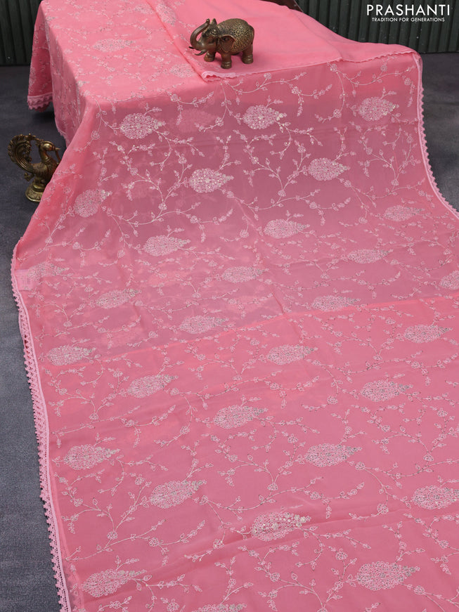 Chiffon saree pink shade with allover chikankari & sequin work and lace work border