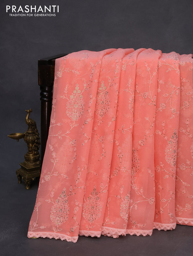 Chiffon saree peach orange with allover chikankari & sequin work and lace work border