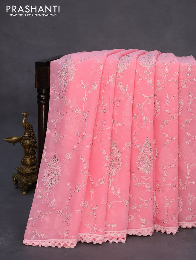 Chiffon saree peach pink with allover chikankari & sequin work and lace work border