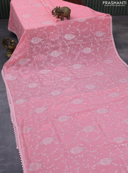 Chiffon saree peach pink with allover chikankari & sequin work and lace work border