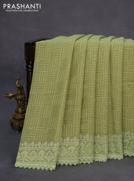 Chiffon saree green shade with allover chikankari & sequin work and lace work border