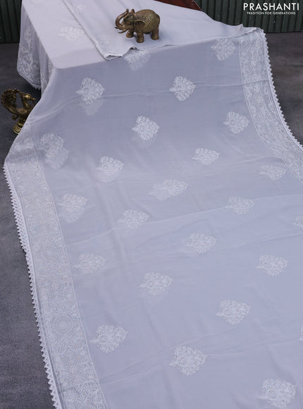 Chiffon saree pastel grey with chikankari work buttas and lace work border