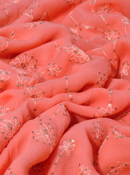 Chiffon saree peach orange with allover chikankari & sequin work and lace work border