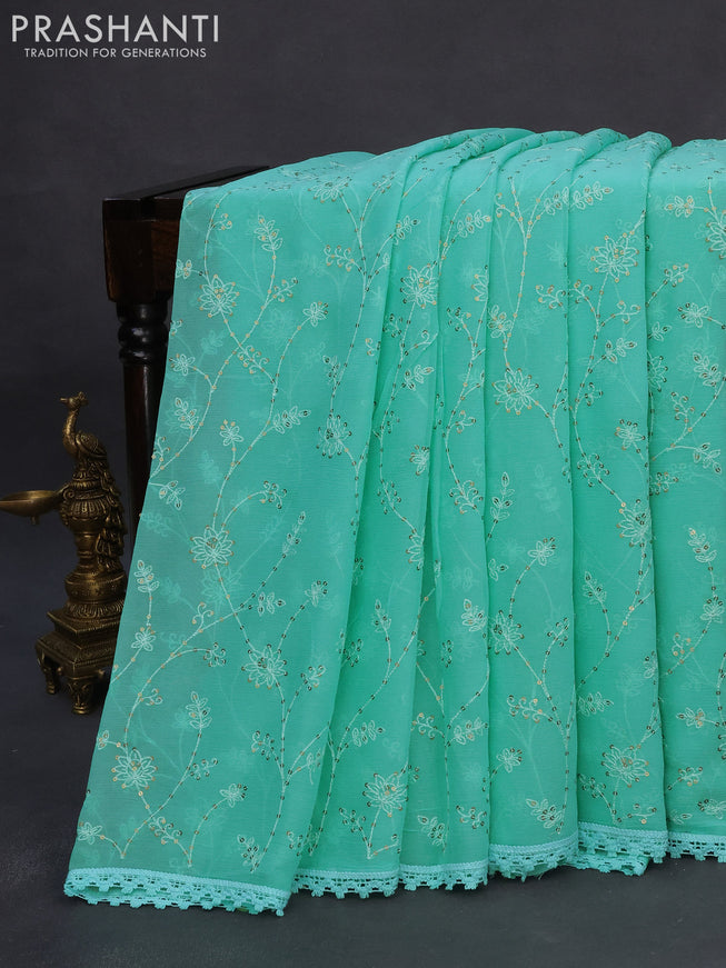 Chiffon saree teal blue with allover chikankari & sequin work and lace work border