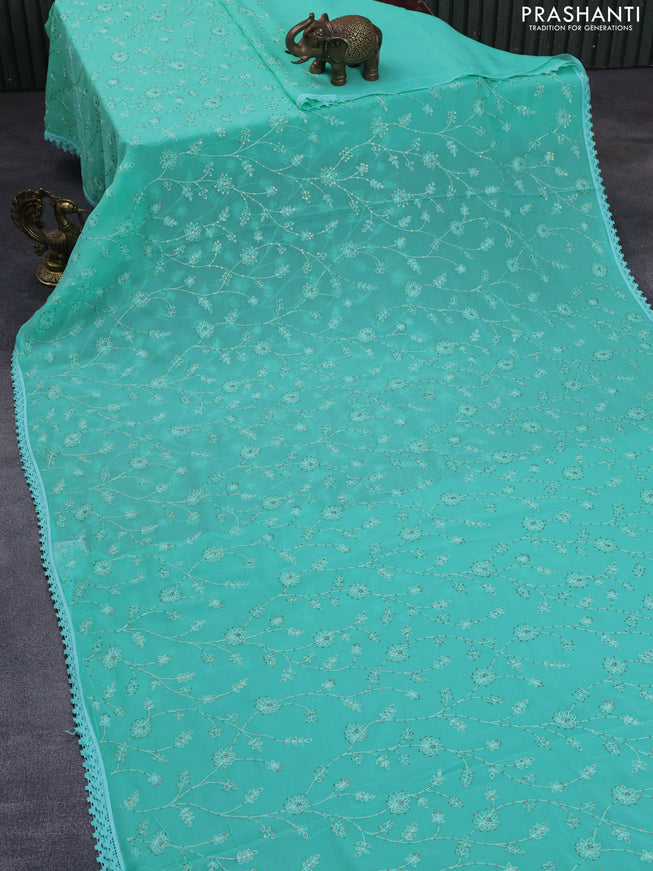 Chiffon saree teal blue with allover chikankari & sequin work and lace work border