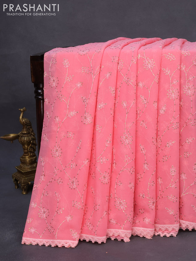 Chiffon saree peach pink with allover chikankari & sequin work and lace work border