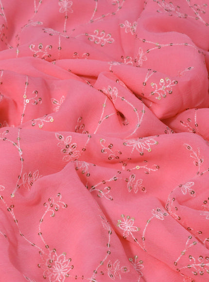 Chiffon saree peach pink with allover chikankari & sequin work and lace work border