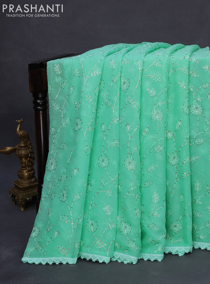 Chiffon saree teal green with allover chikankari & sequin work and lace work border