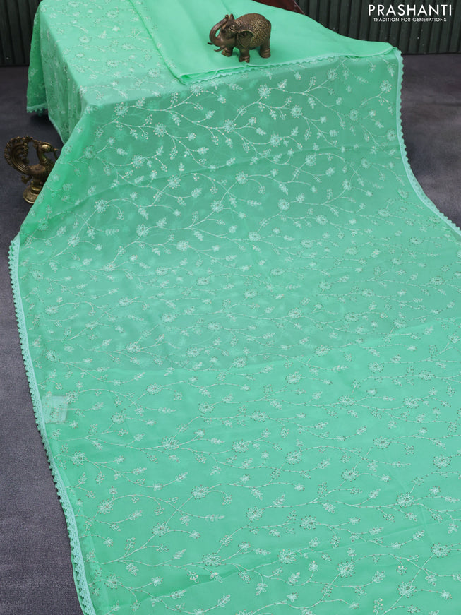 Chiffon saree teal green with allover chikankari & sequin work and lace work border