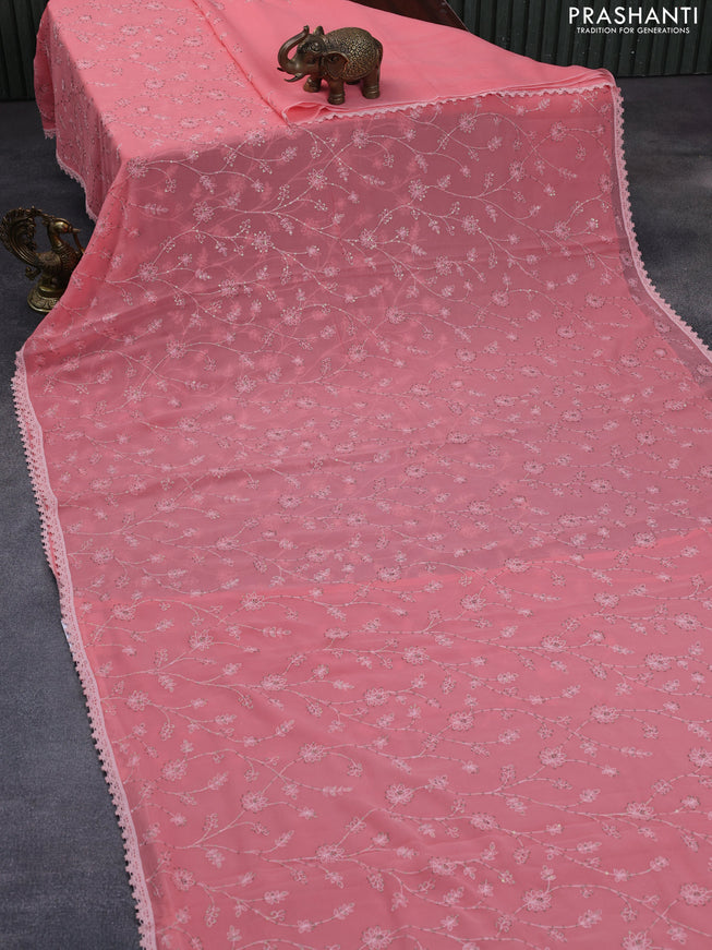 Chiffon saree peach pink with allover chikankari & sequin work and lace work border