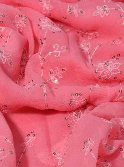 Chiffon saree peach pink with allover chikankari & sequin work and lace work border