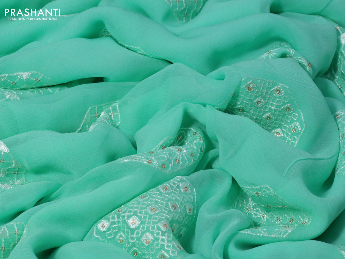 Chiffon saree teal green with chikankari work buttas and lace work border