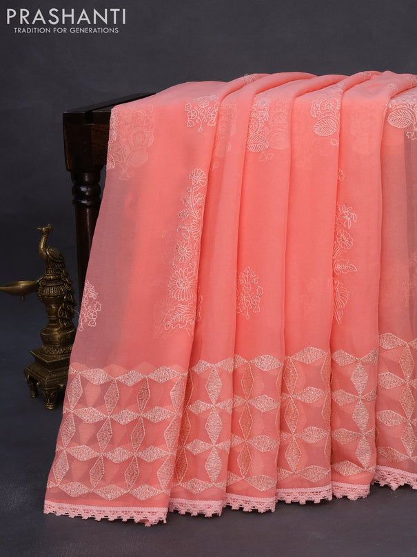 Chiffon saree peach pink with allover chikankari & sequin work and lace work border