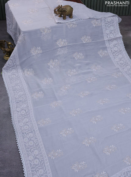 Chiffon saree grey with chikankari work buttas and lace work border