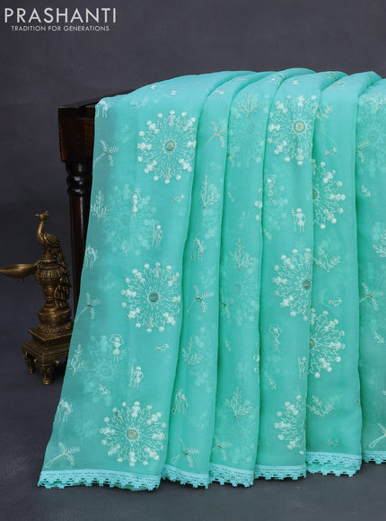 Chiffon saree teal blue with allover chikankari & sequin work and lace work border