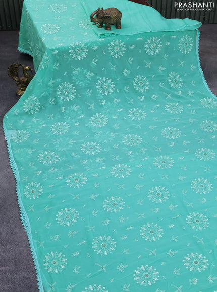 Chiffon saree teal blue with allover chikankari & sequin work and lace work border