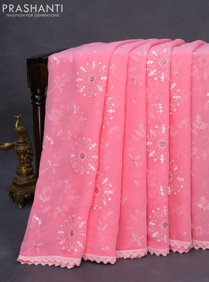 Chiffon saree candy pink with allover chikankari & sequin work and lace work border