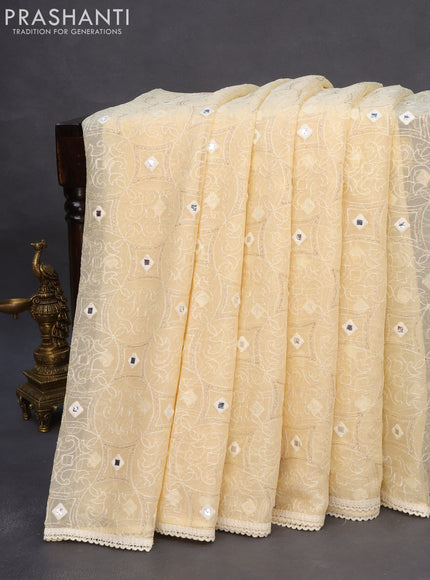 Chiffon saree cream with allover chikankari & sequin work and lace work border