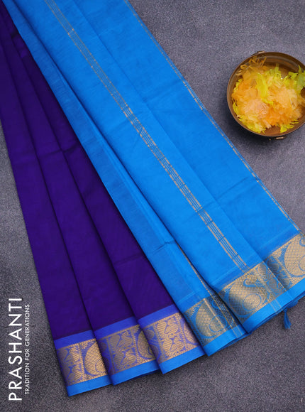 Silk cotton saree blue and cs blue with plain body and zari woven border