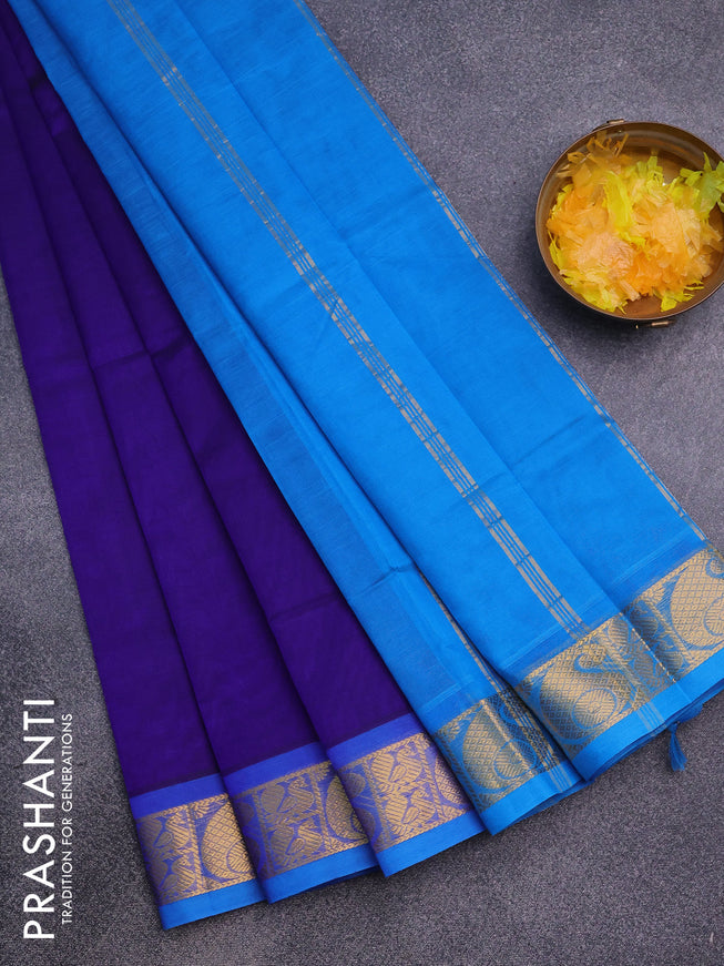 Silk cotton saree blue and cs blue with plain body and zari woven border