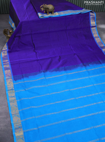 Silk cotton saree blue and cs blue with plain body and zari woven border