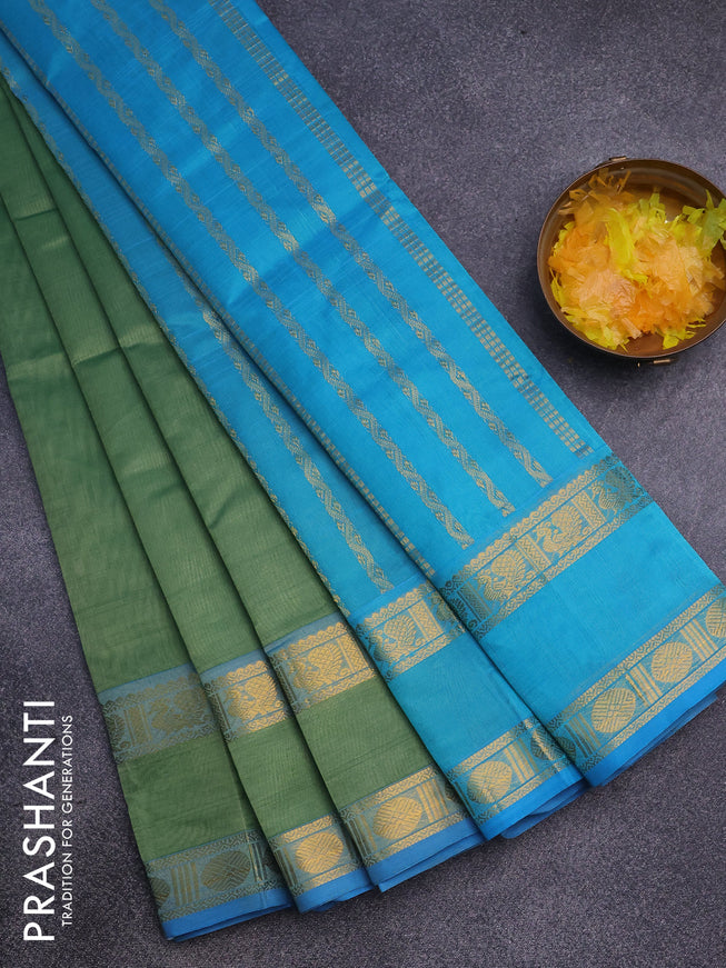 Silk cotton saree green shade and light blue with plain body and rettapet zari woven border