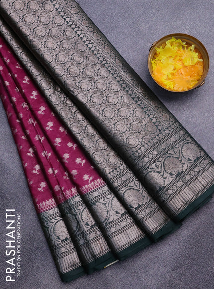 Semi banarasi silk saree purple and green with allover floral buttas and silver zari woven border