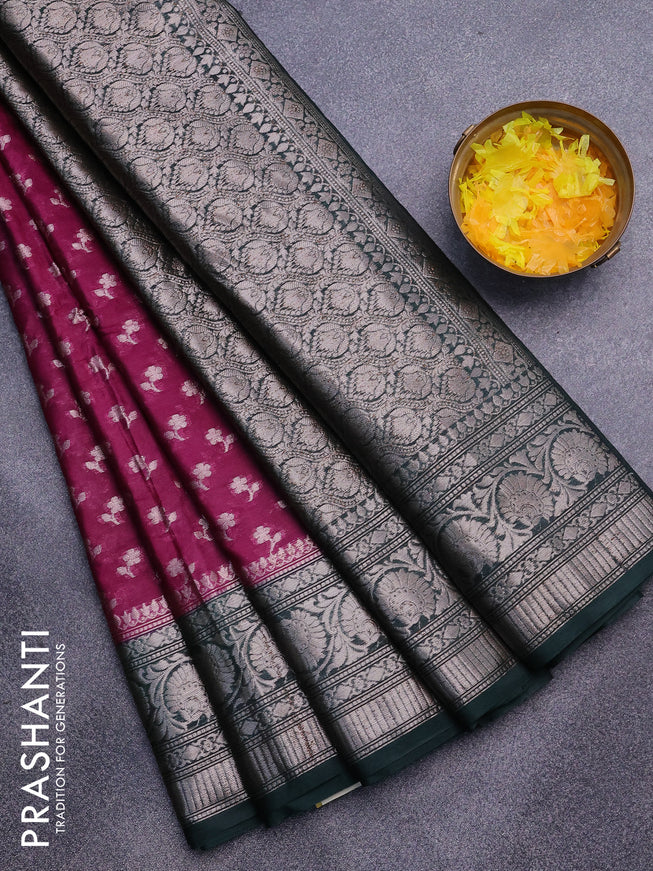 Semi banarasi silk saree purple and green with allover floral buttas and silver zari woven border