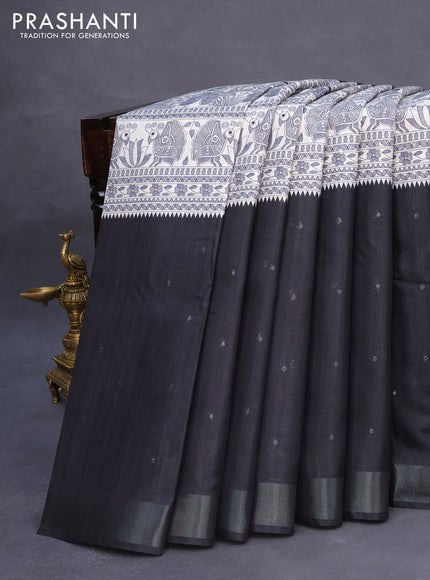 Semi tussar saree off white and black with madhubani prints & zari buttas and zari woven border